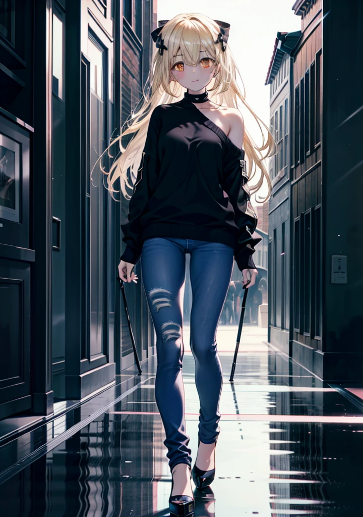 アイスWallenstein, Wallenstein, blonde, Hair between the eyes, hair band, Long Hair, (Yellow Eyes:1.5),happy smile, smile, Shut your mouth.,smile,blush,Oversized blue one-shoulder shirt,Skinny jeans,Stiletto heels,whole bodyがイラストに入るように,Walking,Daytime,Clear skies,　　　　　　　　　　　　　break looking at viewer,whole body,　　　　　　　　　　break outdoors,Building district, 　　　　　　　　　　　break (masterpiece:1.2), Highest quality, High resolution, unity 8k wallpaper, (shape:0.8), (Beautiful and beautiful eyes:1.6), Highly detailed face, Perfect lighting, Extremely detailed CG, (Perfect hands, Perfect Anatomy),