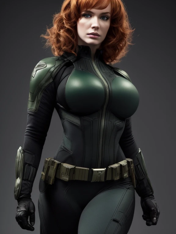 Imagine Christina Hendricks as a Metal Gear Solid character, powerful female character, short wavy orange hair and bright blue eyes, 48 years old, high-quality face study of Christina Hendricks, buxom chested, deep cleavage, (Christina's sculpted cheekbones and slight wrinkles around the face), mascara, eyeshadow, red lipstick, plump lips, intricate high-quality study of Christina Hendricks buxom physique, striking and mature facial features, agile and athletic build, (Wearing: Fingerless Gloves, skin-tight suit, black and green stealth suit, cleavage cutout, utility belt, metallic armlets, armored boots, gun holsters), The suit is so tight that Christina Hendricks breasts barely fit in it, The suit emphasizes her stealth and combat prowess. Stealthy and formidable presence of the character, hyper-realistic rendering to capture every minute detail, showcasing the mastery of digital portrait artistry, ultimate photorealistic quality, highly detailed facial expression showcasing the determination and strategy of the character, subtle hints of high-tech and militaristic elements reflecting the true essence of the Metal Gear Solid universe, vibrant colors with deep gray’s and contrasting cool tones, creating a visually striking and captivating portrait.