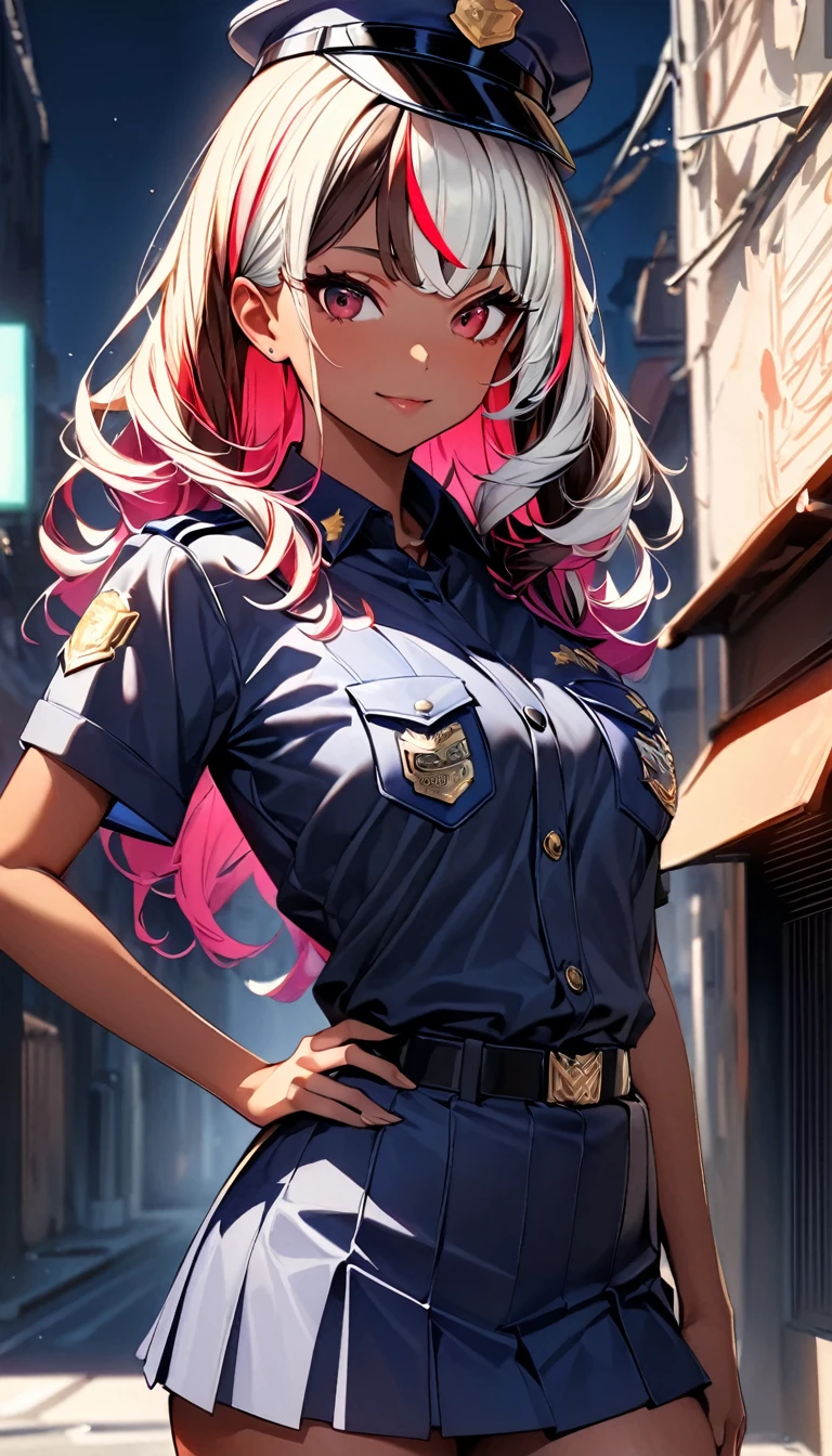 (highest quality:1.2, Very detailed, up to date, Vibrant, Ultra-high resolution, High Contrast, masterpiece:1.2, highest quality, Best aesthetics), Portraiture、girl、singer, solo, ((25-years-old:1)), Bright colors, Beautiful fine details、Beautiful lip detail、midium wave hair、red and white ((streaked hair:1.6)), highlights hair: 1.5, red eyes, slim body, meddium breast, (tan skin:1.1), ((Police Girl, sexy police uniform, mini Skirt, Cute and elegant)), (very sexy police uniform), (police cap:1), (The background is a street corner:1.5), day, (Floral Fineline tattoo design on left arm:1), hand on own hip, (cowboy shot:1),
