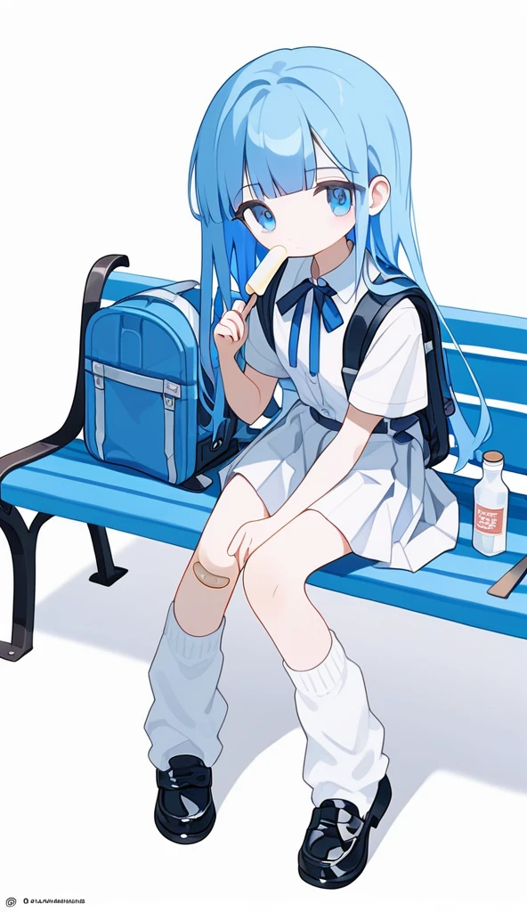 1girl,solo,long hair,bag,food,holding,blue hair,bandaid on leg,sitting,black footwear,bangs,shoes,blue eyes,bandaid,short sleeves,socks,looking at viewer,ribbon,popsicle,white background,neck ribbon,full body,loose socks,skirt,bench,pleated skirt,bandaid on knee,very long hair,simple background,loafers,shirt,white skirt,backpack,bottle,blunt bangs,blue ribbon,white shirt,closed mouth,on bench,score_9,score_8_up,score_7_up,Expressiveh,rating_safe,(masterpiece, best quality)