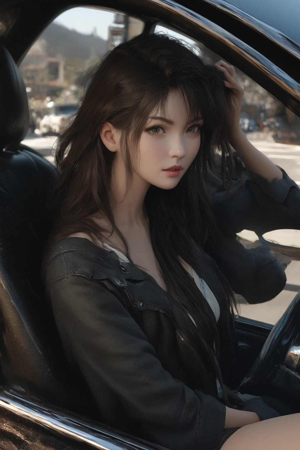 There is a woman sitting in a car with her hand on her head, beautiful seductive anime teen, beautiful and seductive anime woman, sitting in her car, guweiz style artwork, realistic art style, animated style. 8k, 3d realistic anime style., seductive anime girl, trend in artstration, photorealistic!!!!!!! Art Style