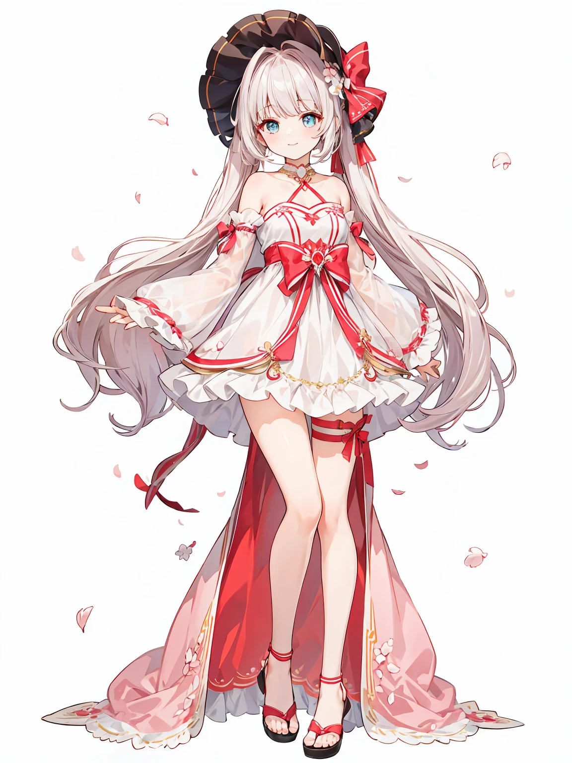 Full body ,dynamic Standing ,(เหมือนจริง:1.37)、Full body ,(ผลงานชิ้นเอก), Chattotori, 1girll, pink sleeve, solo,Cat ears, Long ponytail,Gorgeous cake dress, full bodyesbian,adolable, a skirt, looking at viewert, shift dresses, exposed bare shoulders, Bare legs, Beautiful detailed eyes, Be red in the face, standing on your feet, clavicle, No shoulder strap, bucket-hat, Footwear, leges, frilld, flatchest, short skirt, Bow knot, longer sleeves, arms at sides, beatiful background,beautiful illustration, best quality, cute girl, happy, dynamic angle, armpit,masterpiece, best quality, 1girl, solo, long_hair, looking_at_viewer, white hair twintails, grees eyes, smile, bangs, white princess dress, long_sleeves, hat, dress, bow, holding, closed_mouth, flower, frills, hair_flower, petals, bouquet, holding sword, center_frills, bonnet, holding_bouquet, tachi-e, full body , พื้นหลังสีขาว , (Full body:1.5), Blank white background, (white background), Transparent background, looking down, ((masterpiece, illustration, best quality))