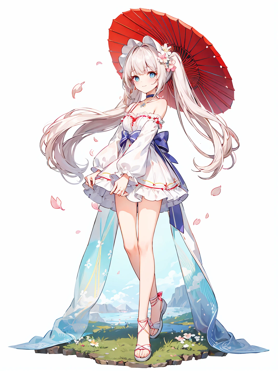 Full body ,dynamic Standing ,(เหมือนจริง:1.37)、Full body ,(ผลงานชิ้นเอก), Chattotori, 1girll, pink sleeve, solo,Cat ears, Long ponytail,Gorgeous cake dress, full bodyesbian,adolable, a skirt, looking at viewert, shift dresses, exposed bare shoulders, Bare legs, Beautiful detailed eyes, Be red in the face, standing on your feet, clavicle, No shoulder strap, bucket-hat, Footwear, leges, frilld, flatchest, short skirt, Bow knot, longer sleeves, arms at sides, beatiful background,beautiful illustration, best quality, cute girl, happy, dynamic angle, armpit,masterpiece, best quality, 1girl, solo, long_hair, looking_at_viewer, white hair twintails, grees eyes, smile, bangs, white princess dress, long_sleeves, hat, dress, bow, holding, closed_mouth, flower, frills, hair_flower, petals, bouquet, holding sword, center_frills, bonnet, holding_bouquet, tachi-e, full body , พื้นหลังสีขาว , (Full body:1.5), Blank white background, (white background), Transparent background, looking down, ((masterpiece, illustration, best quality))