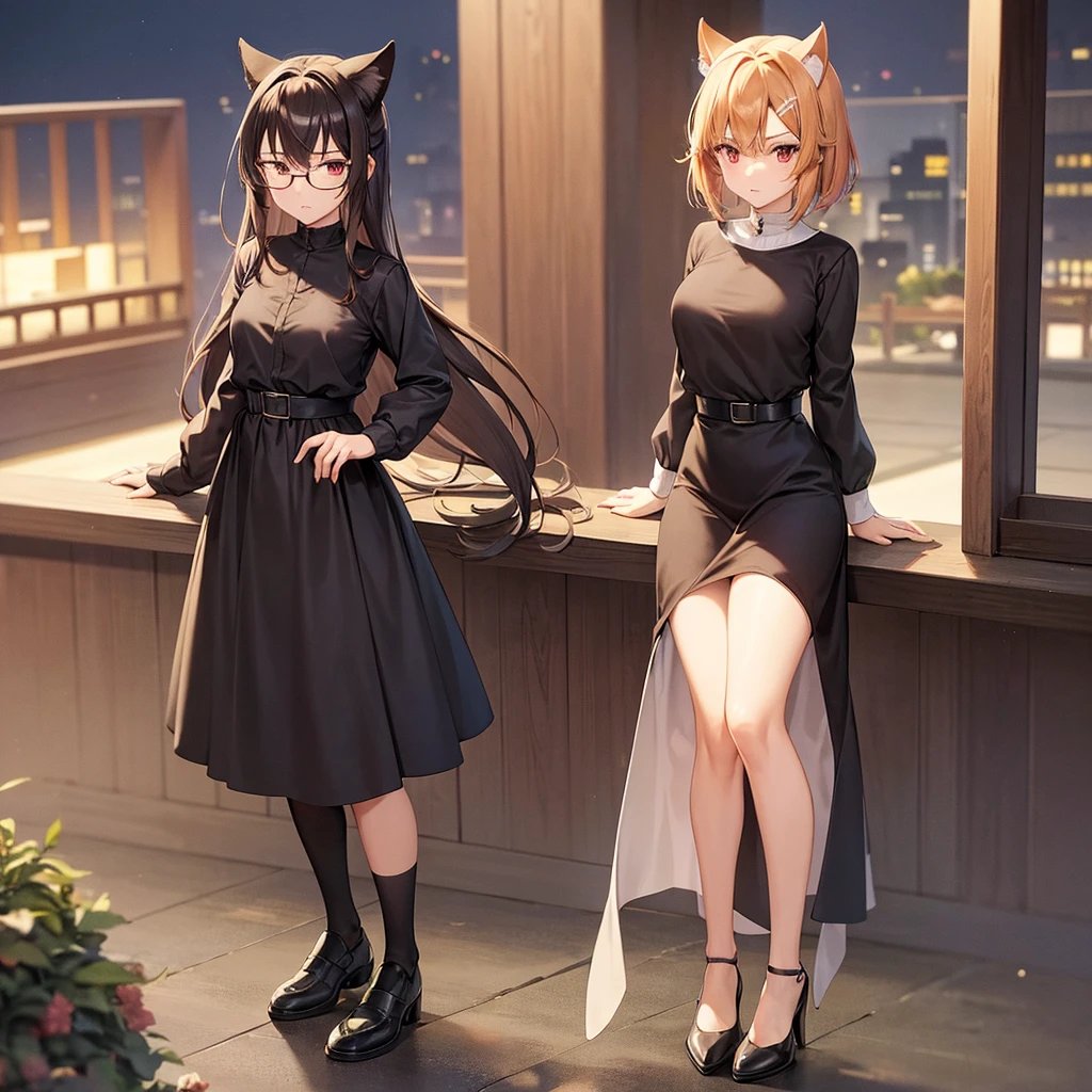 asuna,sao, crown half up hairstyle,, look up to, Perfect body, woman, mature female, very short hair, hime cut, parted bangs, light brown hair, streaked hair, arrogant smile, tareme, animal ears, ,p, large breasts, Red eyes, kunder-rim eyewear, fur trim, black gauze skirt, black footwear, aqua Clothes, dusk, dusk sky,