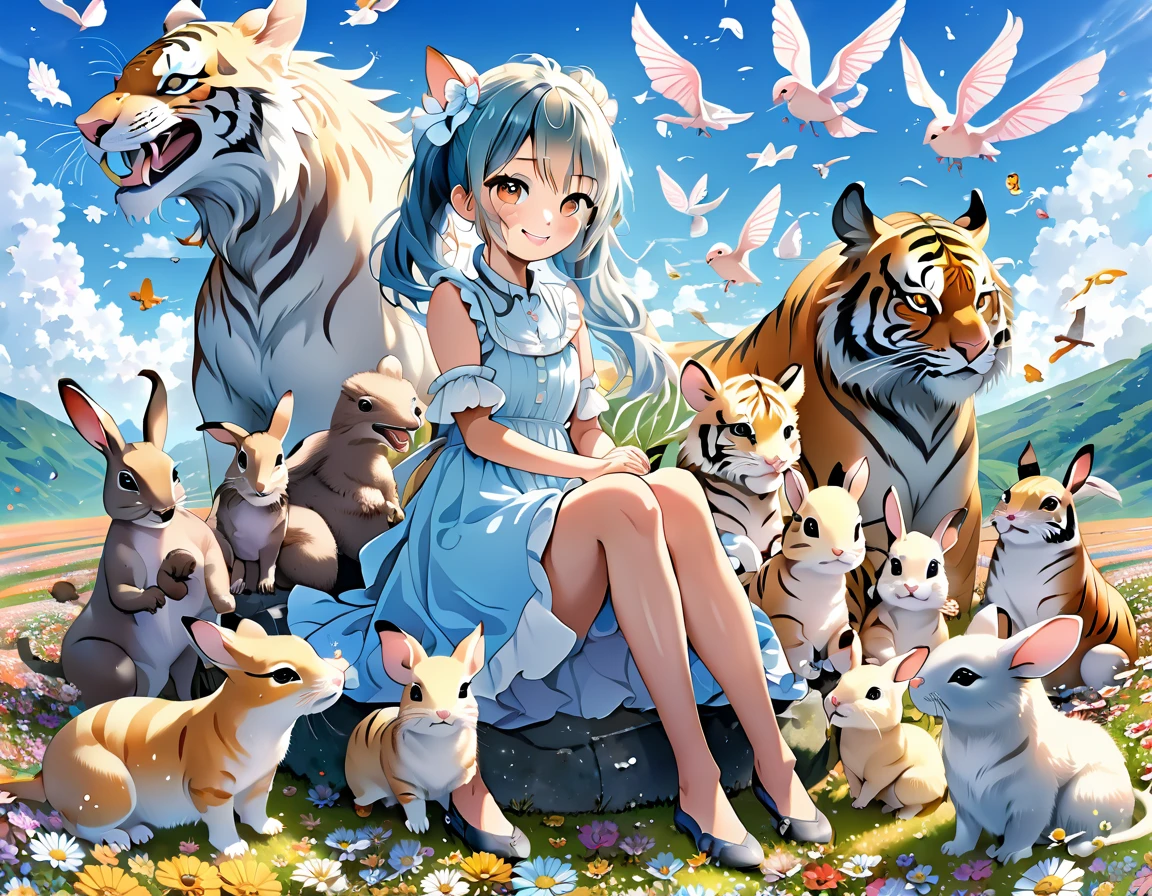 Anime girl sitting surrounded by animals in a flower field, Light blue long hair、Twin tails 、dragonが空を舞う、Bright smile、Tiger dragon mouse or rat ox Rabbit snake sheep dog pig monkey bird horse Anime fantasy illustration,