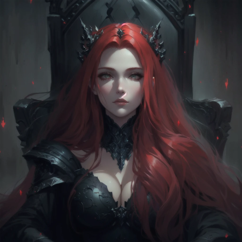 a close up of a woman with red hair sitting in a chair, huge tits, dark fantasy style art, redhead queen in heavy red armor, charlie bowater rich deep colors, epic fantasy art style, beautiful elegant demon queen, queen of the underworld, in style of dark fantasy art, charlie bowater character art, neoartcore and charlie bowater, dark fantasy art