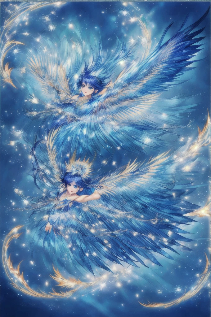 Blue Suzaku、blue bird 、Blue Phoenix、Large wings、Bright light、There is a lot of light overall、大きいblue bird 、Beautiful feathers、Flying Upwards、god々Shii