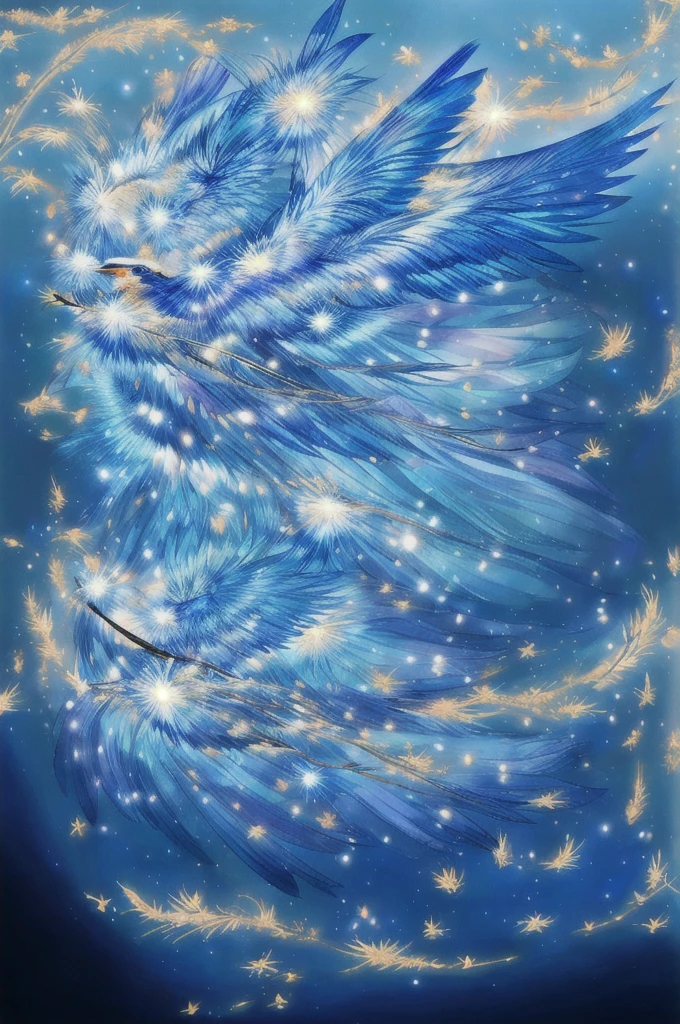 Blue Suzaku、blue bird 、Blue Phoenix、Large wings、Bright light、There is a lot of light overall、大きいblue bird 、Beautiful feathers、Flying Upwards、god々Shii