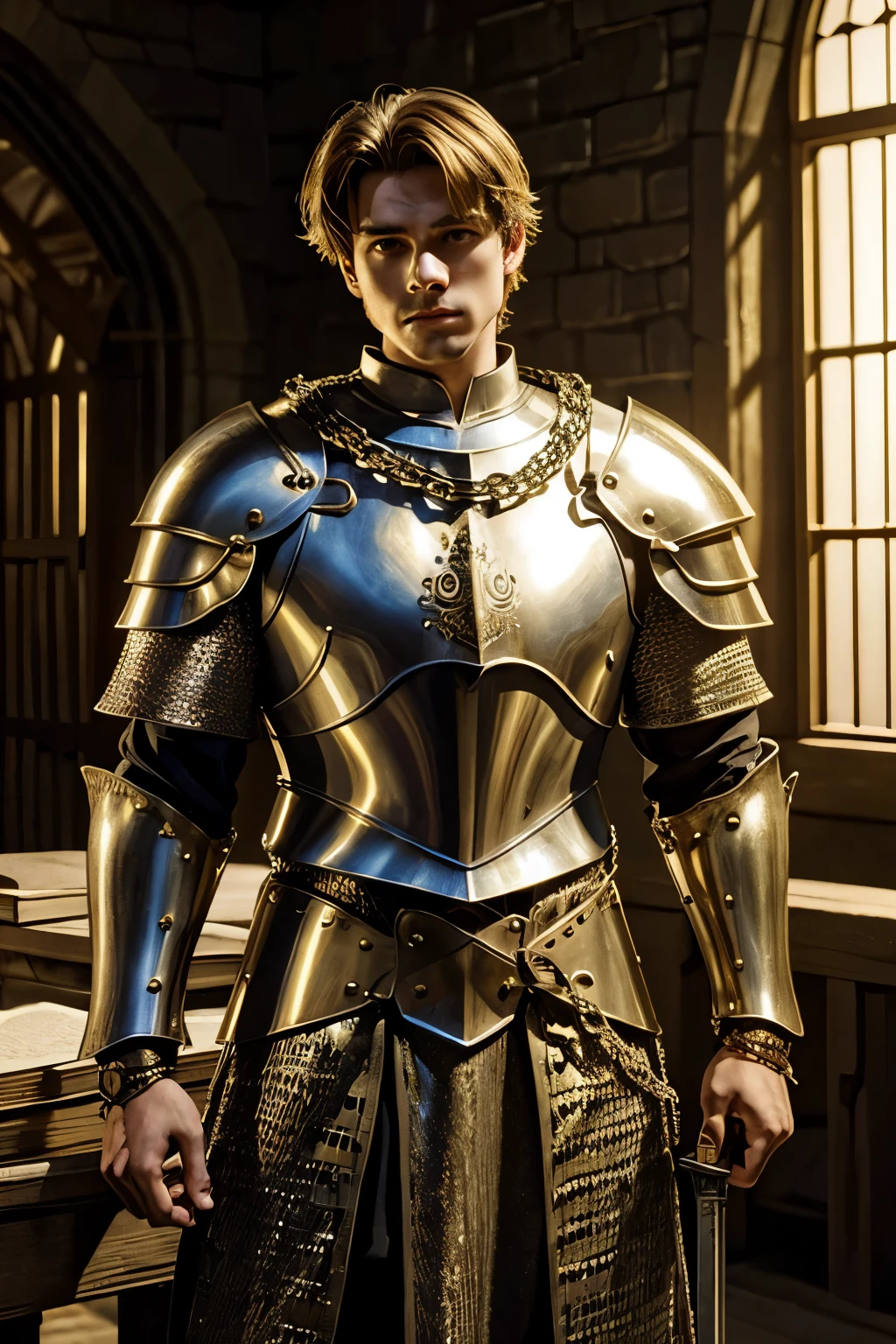 hero, man, solo, sword, golden armor, chain mail, medieval, knight, book, fantasy