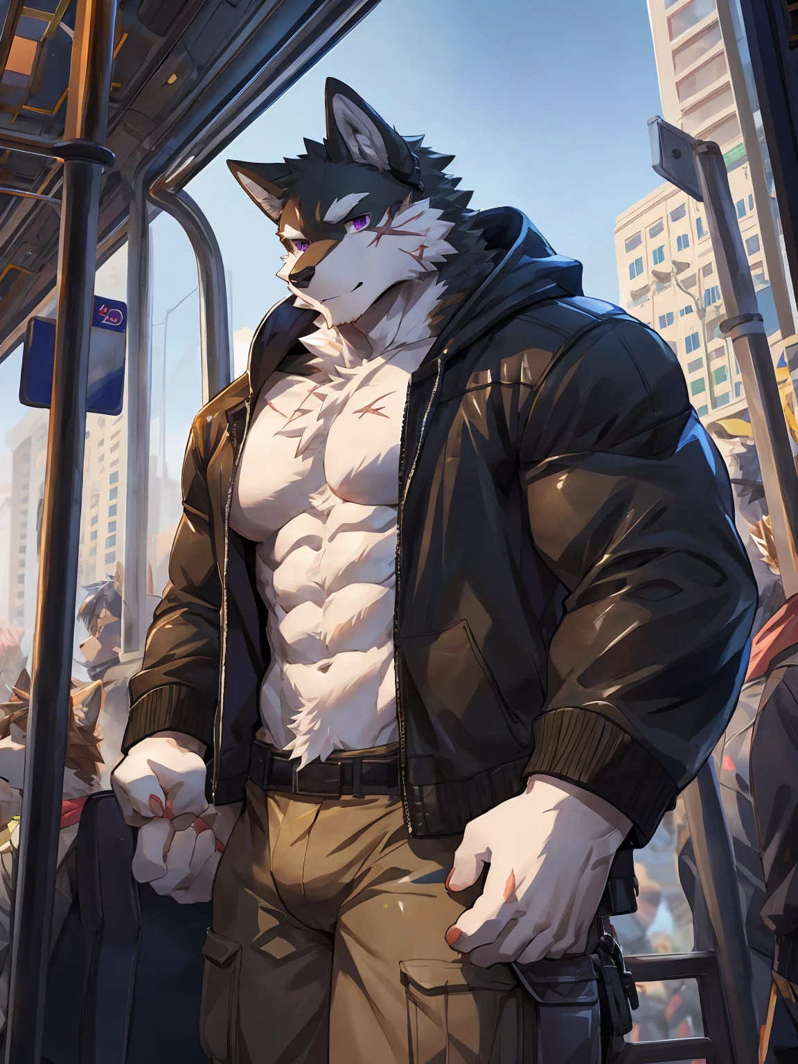 embedding:black wolf, male,purple eyes,Scar on the face, scar on the body,Single person,The side,In the carriage,Look outside,Outside the train is the city.Headset,The hood,Black jacket,On the train,The highest quality of scene detail,adult,Tall and powerful,muscle,Best quality hands, best quality eye,detailed fur,Delicate eyes.Extreme picture quality,by sollyz,by zixiong,by milkytiger1145