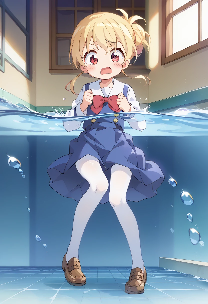 score_9, score_8_up, score_7_up, source_アニメ, masterpiece, 1girl, work, , blue dress, sailor dress, pinafore dress, white sailor collar,white shirt, red bowtie, long sleeves, flat chest, white pantyhose, loafers, indoors, shiny hair, cuteポーズ, (Completely flooded)、((The skirt spreads over the water surface.))、(Drowning), Immersed in water、Transparent pool, Water Play, Primary school students、Skirt fully open、Long wide skirt、cute、blush、Watery eye、Lots of water、Wet