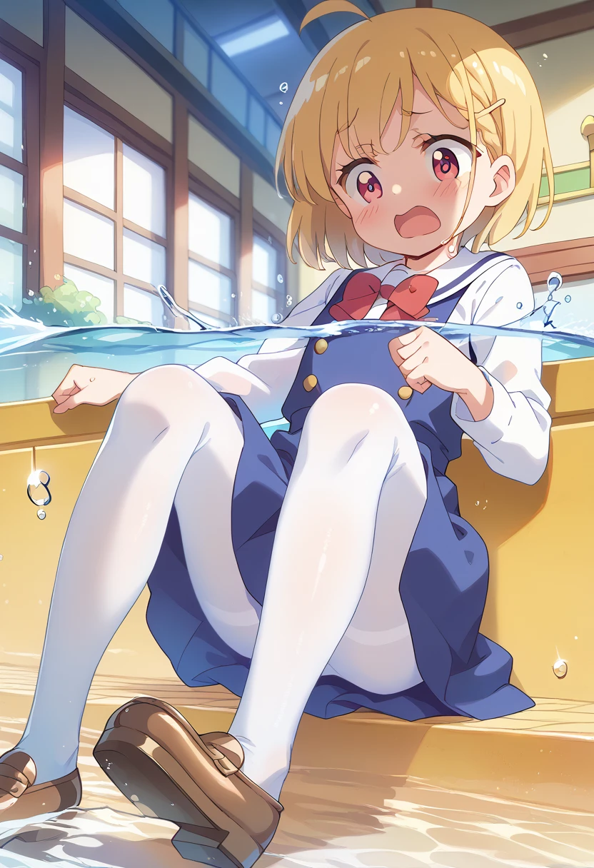 score_9, score_8_up, score_7_up, source_アニメ, masterpiece, 1girl, work, , blue dress, sailor dress, pinafore dress, white sailor collar,white shirt, red bowtie, long sleeves, flat chest, white pantyhose, loafers, indoors, shiny hair, cuteポーズ, (Completely flooded)、((The skirt spreads over the water surface.))、(Drowning), Immersed in water、Transparent pool, Water Play, Primary school students、Skirt fully open、Long wide skirt、cute、blush、Watery eye、Lots of water、Wet