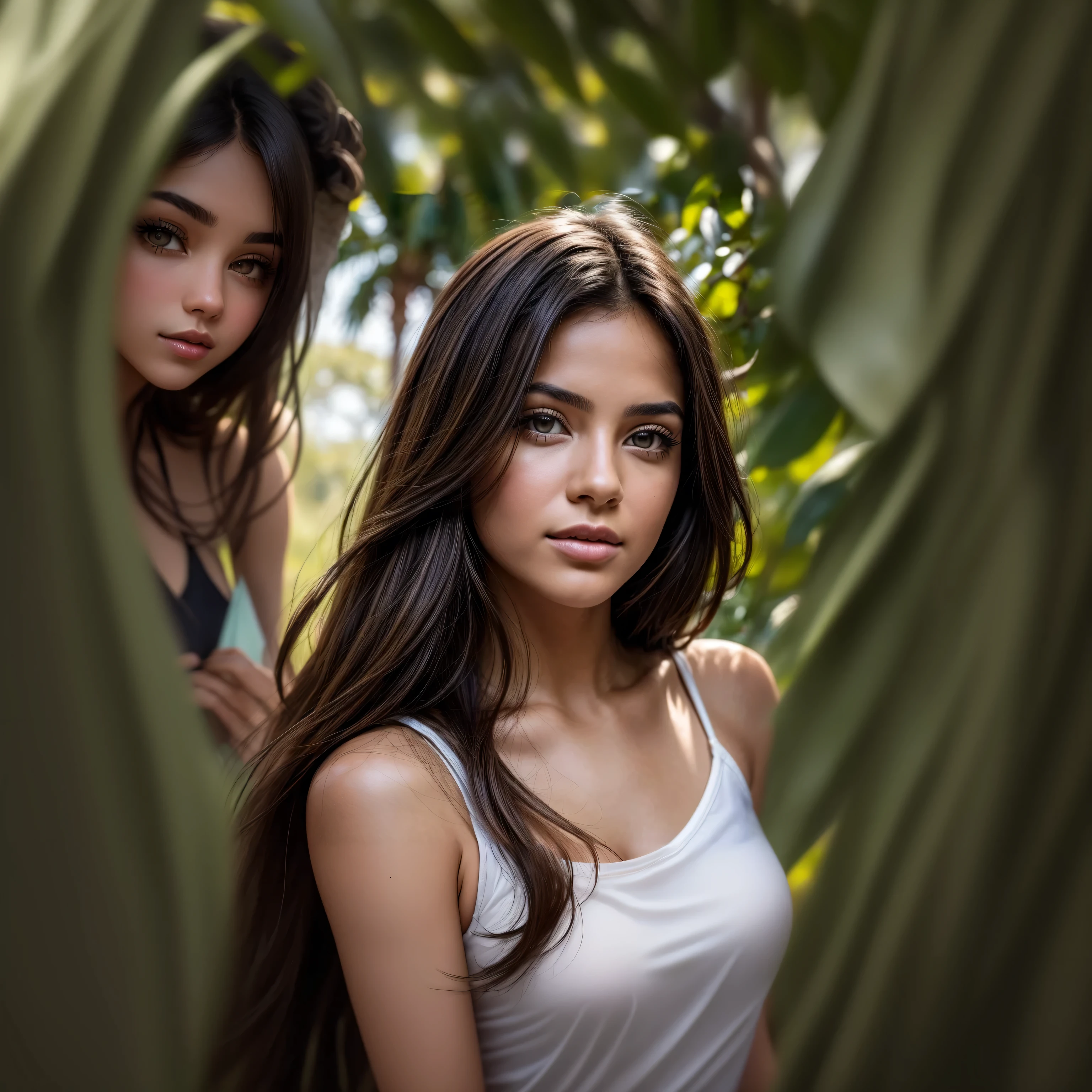arafa woman with long brown hair and white tank top posing for a photo, beautiful latin face, isabela moner, flawless olive skinned, with dark brown hair, photo of a beautiful woman, Extremely beautiful face, gorgeous attractive face, Retrato Sophie Mudd, olive skinned color, beautiful mexican woman, beautiful and attractive face, olive skinned