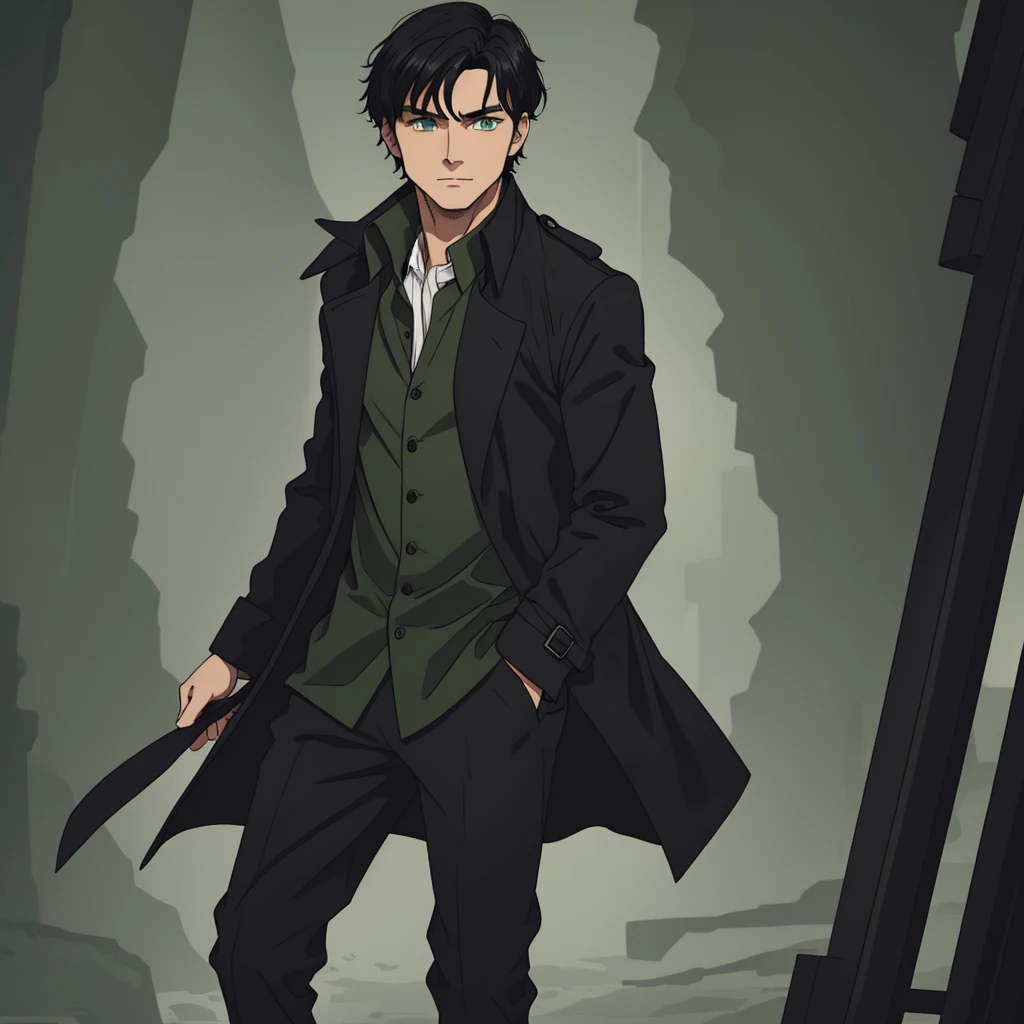 Black-haired man with green eyes, wearing a dark black trench coat, a gray shirt, black pants with brown boots.