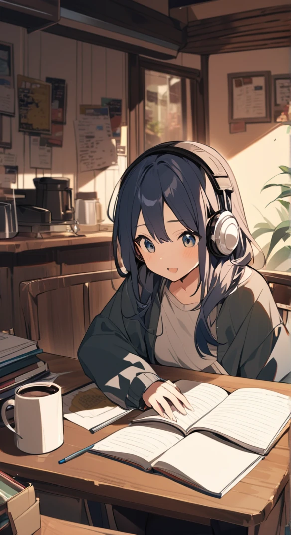 A cute girl is studying with her notebook open in an old coffee shop while wearing headphones。The table is messy、The whole desk is visible。There is coffee。Madhouse-like colors、A touch like Makoto Shinkai