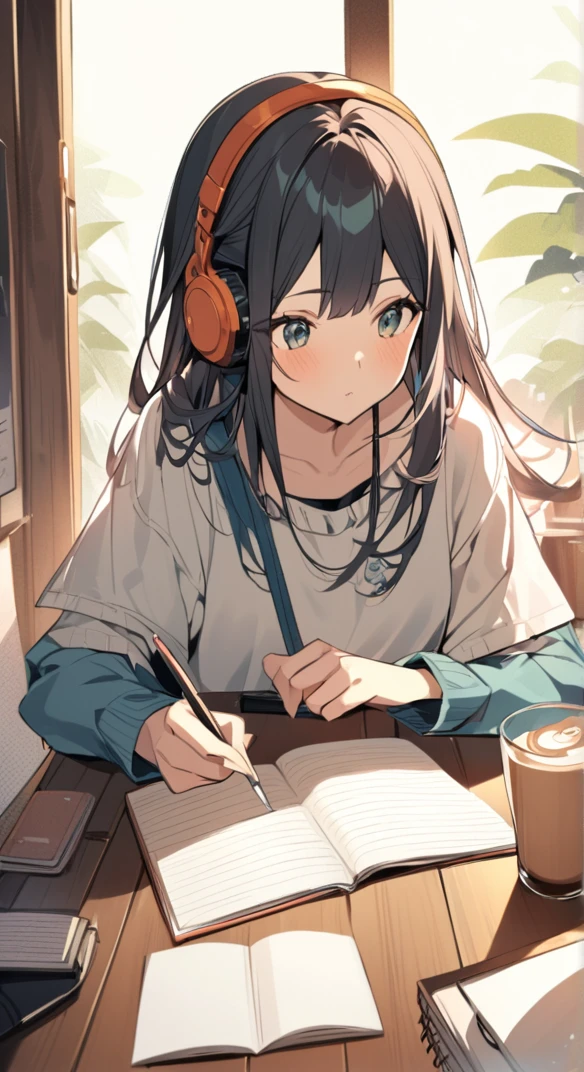 A cute girl is studying with her notebook open in an old coffee shop while wearing headphones。The table is messy、The whole desk is visible。There is coffee。Madhouse-like colors、A touch like Makoto Shinkai