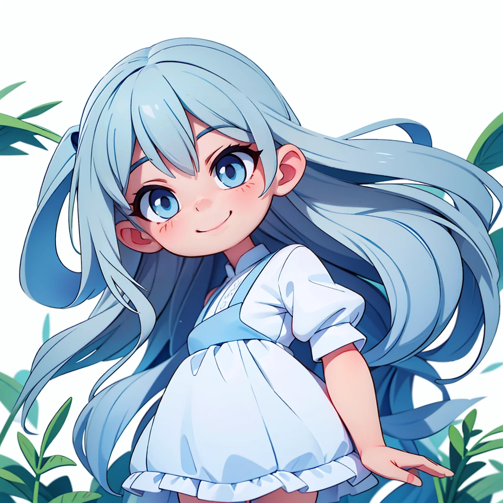 Long Hair,Gray Hair Color,Light blue eyes,Alone,Staring at the audience,Perfect Face,smile,White background,Season Summer,Long length dress