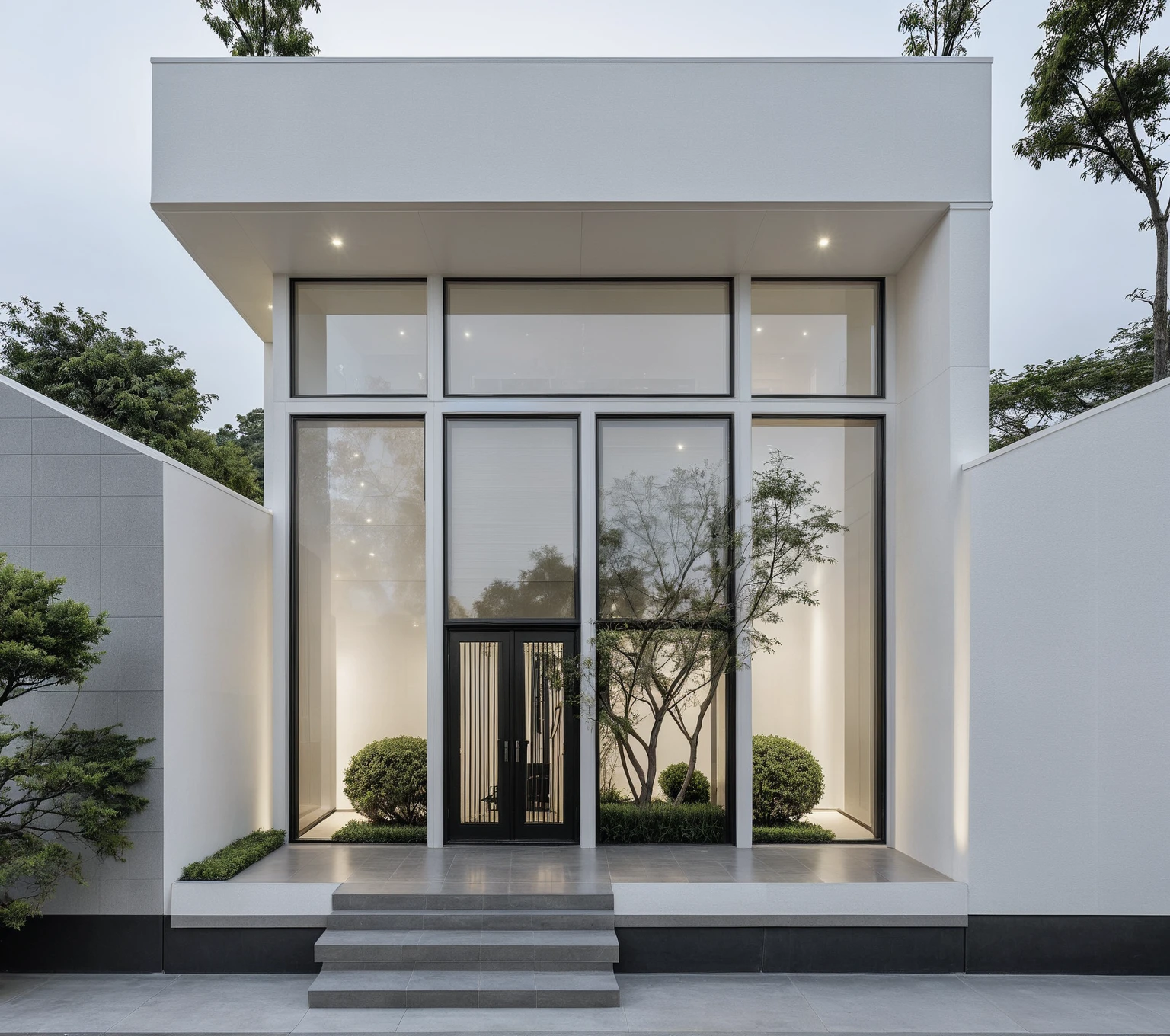 RAW photo, a photo of a modern house, (curvilinear archrchitecture:1.4), Wabisabi style rounded wall, white wall, steel black gate, sidewalk, sidewalk trees, ((grey gate:1.2)), road, viet nam modern residence, ((architectural shot)), rough white wall, new residential area, wide angle exterior 2022, contemporary house, exterior photography, masterpiece, contemporary architecture, overcast, indirect lighting