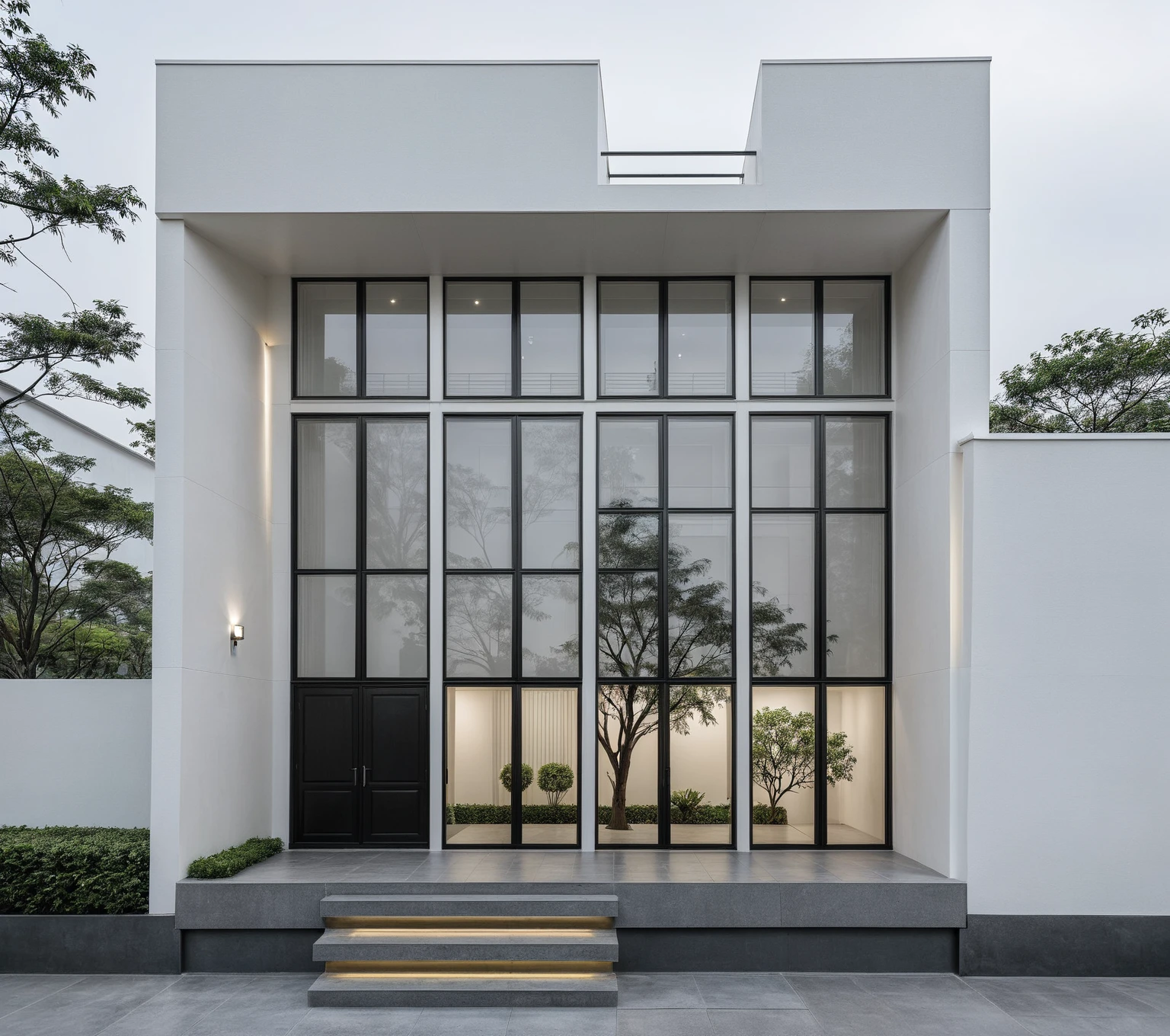 RAW photo, a photo of a modern house, (curvilinear archrchitecture:1.4), Wabisabi style rounded wall, white wall, steel black gate, sidewalk, sidewalk trees, ((grey gate:1.2)), road, viet nam modern residence, ((architectural shot)), rough white wall, new residential area, wide angle exterior 2022, contemporary house, exterior photography, masterpiece, contemporary architecture, overcast, indirect lighting
