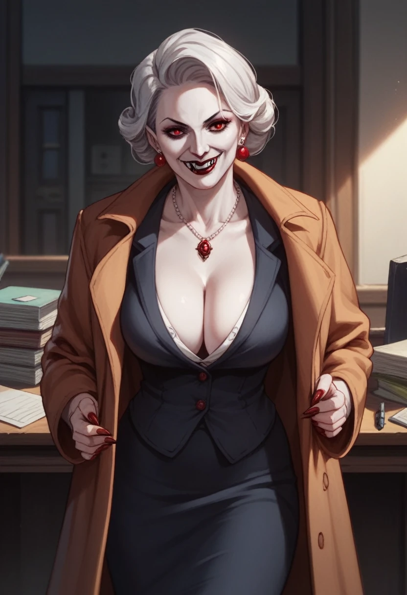 score_9, score_8_up, score_7_up, There is a vampire woman, extra milf, with coat, office, cozy, (curvy:1.2), pale skin, vampire woman, cleavage, adjust clothes, smile,
