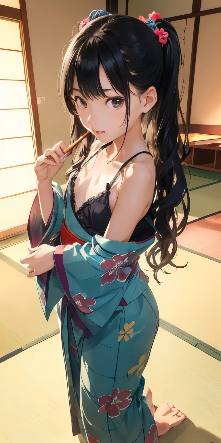 、、、Emphasize small cleavage、Japanese-style room with tatami (woven-straw) flooring (Straw weave) Flooring、Wearing a turquoise floral yukata、One-sidedoff-shoulder((Highest quality))face real、(1. Glowing Skin.4)Extreme close-up from below(((sexy)))((masterpiece)、(1. Glowing Skin.1.4)Thigh Emphasis、((Tatami room))、(((11-year-old girlvy hair、sexy pose、、、(Various poses)