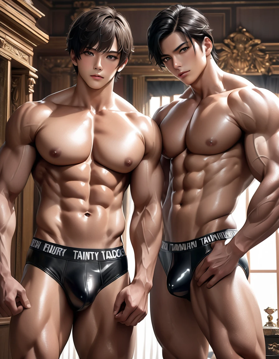high quality, detailed,(two boys),(22 years old tanned japanese idol wrestlers), (detailed black eyes), (black short hair), (muscle:1.5), (dark brown shiny skin), black tiny thong, bulge,detailed ,palace bedroom,looking at viewer,(best quality,4k,8k,highres,masterpiece:1.2),(realistic,photorealistic,photo-realistic:1.37),