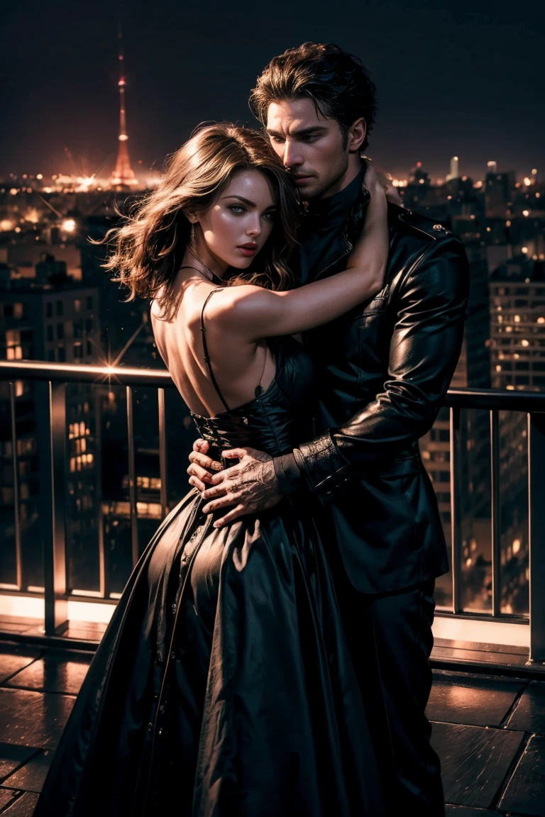 A dramatic image of a couple. beautiful woman standing on a rooftop held by soldier embraces her from behind, holds her breasts. Her face grimace, her mouth open in pain and eyes shut. overlooking the city skyline at night, her elegant dress flowing in the wind. The city lights are reflected in her eyes, overall tone is dark, touch of blue, dramatic and suggests suspense, romance, and intrigue, cinematic, photorealistic, 8K,