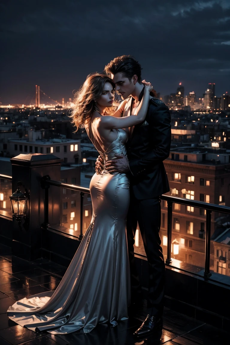 A dramatic image of a couple. beautiful woman standing on a rooftop held by soldier embraces her from behind, holds her breasts. Her face grimace, her mouth open in pain and eyes shut. overlooking the city skyline at night, her elegant dress flowing in the wind. The city lights are reflected in her eyes, overall tone is dark, touch of blue, dramatic and suggests suspense, romance, and intrigue, cinematic, photorealistic, 8K,