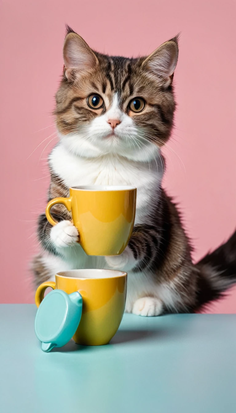photography of a cutie cat sit with one armrest on the table in solid color background, and they holding a cup of coffee. no blur