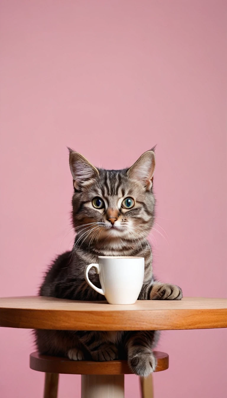 photography of a cutie cat sit with one armrest on the table in solid color background, and they holding a cup of coffee. no blur