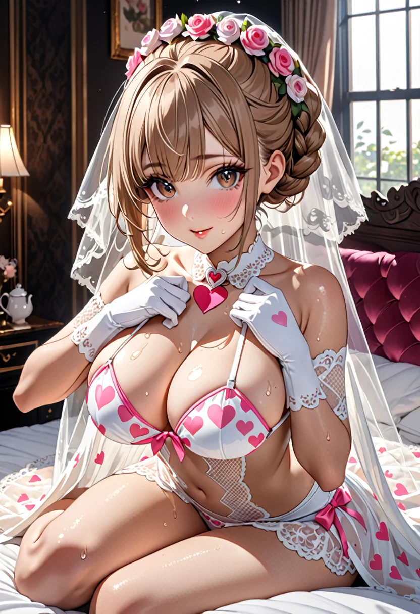 (((Highest quality, Ultra-high resolution、The most complex and detailed depiction)))、((masterpiece:1.3)), (8k, RAW Photos, Best image quality: 1.4), Very detailedな顔、Attention to detail、(Beautiful woman:1.4),(Realistic:1.4) (8k, RAW Photos,), (photo-Realistic:1.2), Very detailed, Beautiful attention to detail, (girl:1.3)、Dark eyeliner、Eyelash length、False eyelashes、double eyelid、Brown eyes、Light fluorescent lip gloss, ((hostess:1.2)),(((Bride in prom dress)))、(((pink heart print bikini、Red and white big heart pattern),(Pink tea bags)、(White wreath on head、Wedding veil、Maria veil))、Pink heart choker around the neck),(((Open wedding dress)))、(((White mesh opera gloves))),(Huge breasts:1.6),、(Cleavage:1.2)、(((Light brown hair、Braided hair、((Putting hair together at the back of the head,Hair Up)))))、Gal-style makeup、Dark eyeliner、black eyeliner、Heavy eye makeup、Eyelash length、False eyelashes、Eyelash length、Big eyes、Big black eyes、Big eyes、elongated nose、Heavy makeup、Face with gills、Spread your legs and face forward.、(((whole body)))、Spread your legs座る、Spread your legs、sexy、Glamorous Body、(Saggy breasts、Large saggy breasts)、((Sweat、Your body is wet))、(((Lie face up on the bed)),(Breastfeeding with your arms、Cover your crotch with your hands)
