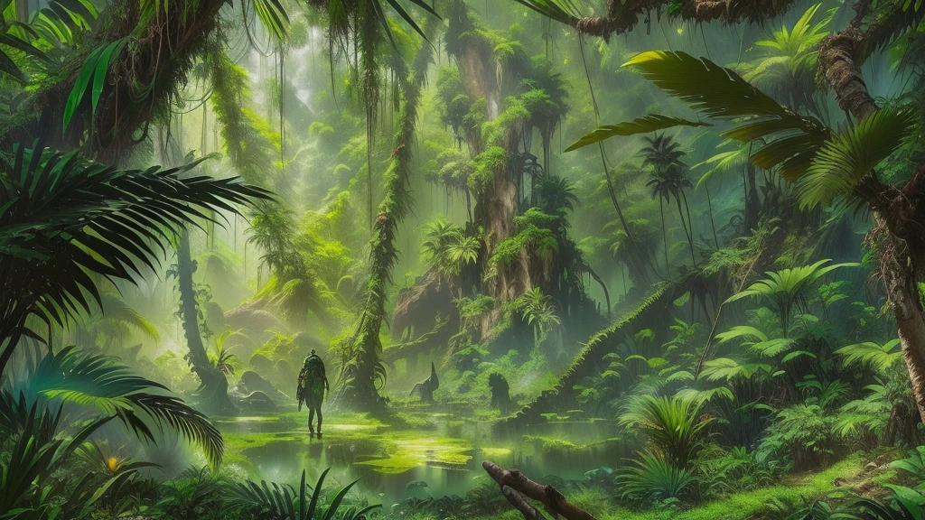 A photo taken from the jungle,照片上有一名男子In the jungle行走, Weta Workshop concept art, Environment Concept Art, Jungle environment, in a Jungle environment, In the jungle, Ancient Jungle, Environment Concept Art, 远古Alien Jungle, Alien Jungle, author:Raphael Lacoste, highly realistic concept art, Beautiful concept art, Pristine jungle, From the depths of the jungle of another world
