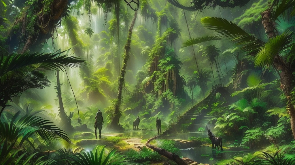 A photo taken from the jungle，照片上有一名男子In the jungle行走, Weta Workshop concept art, Environment Concept Art, Jungle environment, in a Jungle environment, In the jungle, Ancient Jungle, Environment Concept Art, 远古Alien Jungle, Alien Jungle, author：Raphael Lacoste, highly realistic concept art, Beautiful concept art, Pristine jungle, From the depths of the jungle of another world