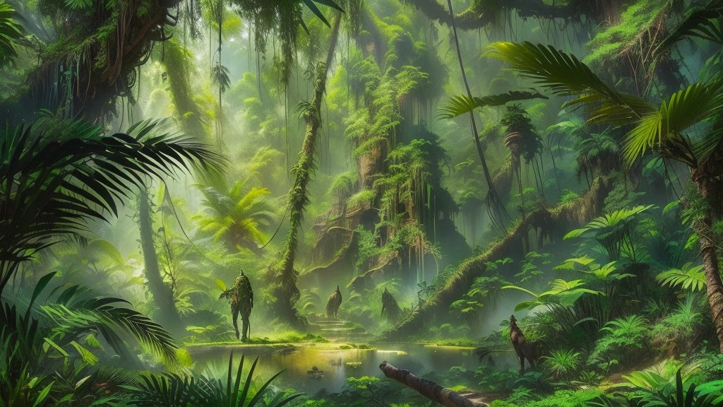 A photo taken from the jungle,照片上有一名男子In the jungle行走, Weta Workshop concept art, Environment Concept Art, Jungle environment, in a Jungle environment, In the jungle, Ancient Jungle, Environment Concept Art, 远古Alien Jungle, Alien Jungle, author:Raphael Lacoste, highly realistic concept art, Beautiful concept art, Pristine jungle, From the depths of the jungle of another world