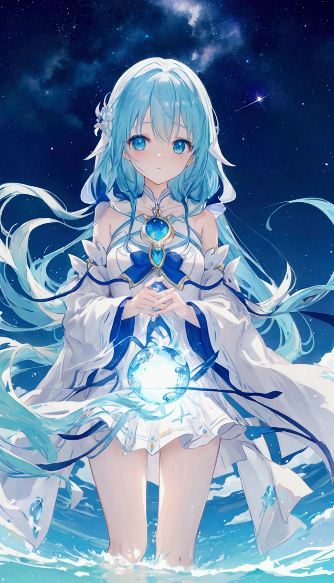 animesque、Faraway view、landscapes、vanishing point、Outrageous resolution、hight resolution、ultra-detailliert、The upper half shows the universe、Below is the sea、Bright atmosphere、Fantasia、magia、Mare、Daylight hours、clean blue sky、sunlight shining、prisma、beautiful lighting、Bright lighting、Soft lighting、Lots of shining magic light、Iridescent light、(Spark:0.7)