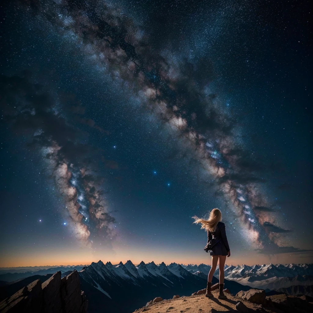 ((best qualityer)), ((work of art)), (detailded), 1 girl, on the peak of a mountain, admiring the sky with several stars, planetes, galaxies and mythological beings