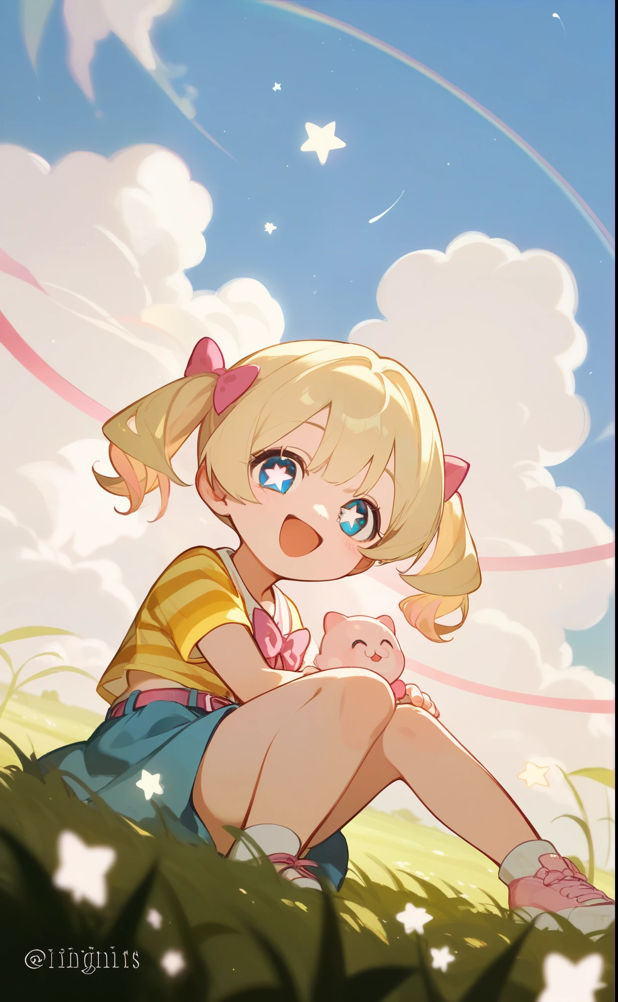(score_9,score_8_up,score_7_up),cinematic lighting, girl, light blonde hair,lomg hair,mini side pigtails,kight pink bow,big blue eyes,star shaped pupils,baby blue skirt with pink belt,yellow striped pastel shirt,happy,sitting on grass,bright blue sky,clouds