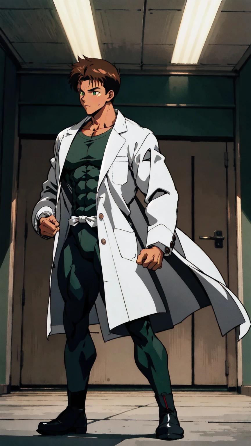 young man, {( (face) similar to Shinji Ikari)}, ((youthful)), (passionate), (softhearted), (socially awkward), (meek), (bashful), (dorky), (doglike), 19-year-old, ( (combed) parted (dark brown hair) ), (glossy light skin), ( ((big)) ((tired)) (green eyes) ), (((doctor))), (((fighter))), ( (skintight) (long sleeve) (black) ((compression shirt)) ), ( (tight) (dark gray) ((compression pants)) ), ( (brown) ((combat boots)) ), ( (tight) (light gray) ((lab coat)) (with buttons) ), (huge bulge in pants), tall, ripped, shredded, amazing physique, strong body, toned abs, big round shoulders, toned quadriceps, well-toned muscles, well-trained muscles, powerful muscles, peak condition, vascular, high muscle mass, sweating, sweaty, training in a dojo alone, tense atmosphere, amazing lighting, backlight, ((masterpiece)), ((full shot)), ((90s anime))