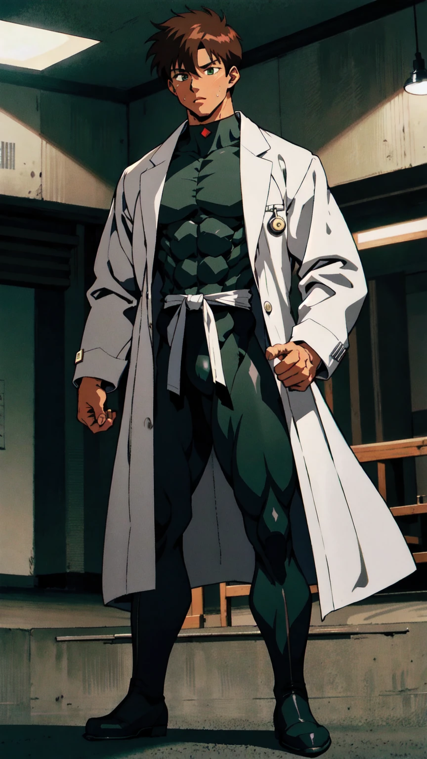 young man, {( (face) similar to Shinji Ikari)}, ((youthful)), (passionate), (softhearted), (socially awkward), (meek), (bashful), (dorky), (doglike), 19-year-old, ( (combed) parted (dark brown hair) ), (glossy light skin), ( ((big)) ((tired)) (green eyes) ), (((doctor))), (((fighter))), ( (skintight) (long sleeve) (black) ((compression shirt)) ), ( (tight) (dark gray) ((compression pants)) ), ( (brown) ((combat boots)) ), ( (tight) (light gray) ((lab coat)) (with buttons) ), (huge bulge in pants), tall, ripped, shredded, amazing physique, strong body, toned abs, big round shoulders, toned quadriceps, well-toned muscles, well-trained muscles, powerful muscles, peak condition, vascular, high muscle mass, sweating, sweaty, training in a dojo alone, tense atmosphere, amazing lighting, backlight, ((masterpiece)), ((full shot)), ((90s anime))