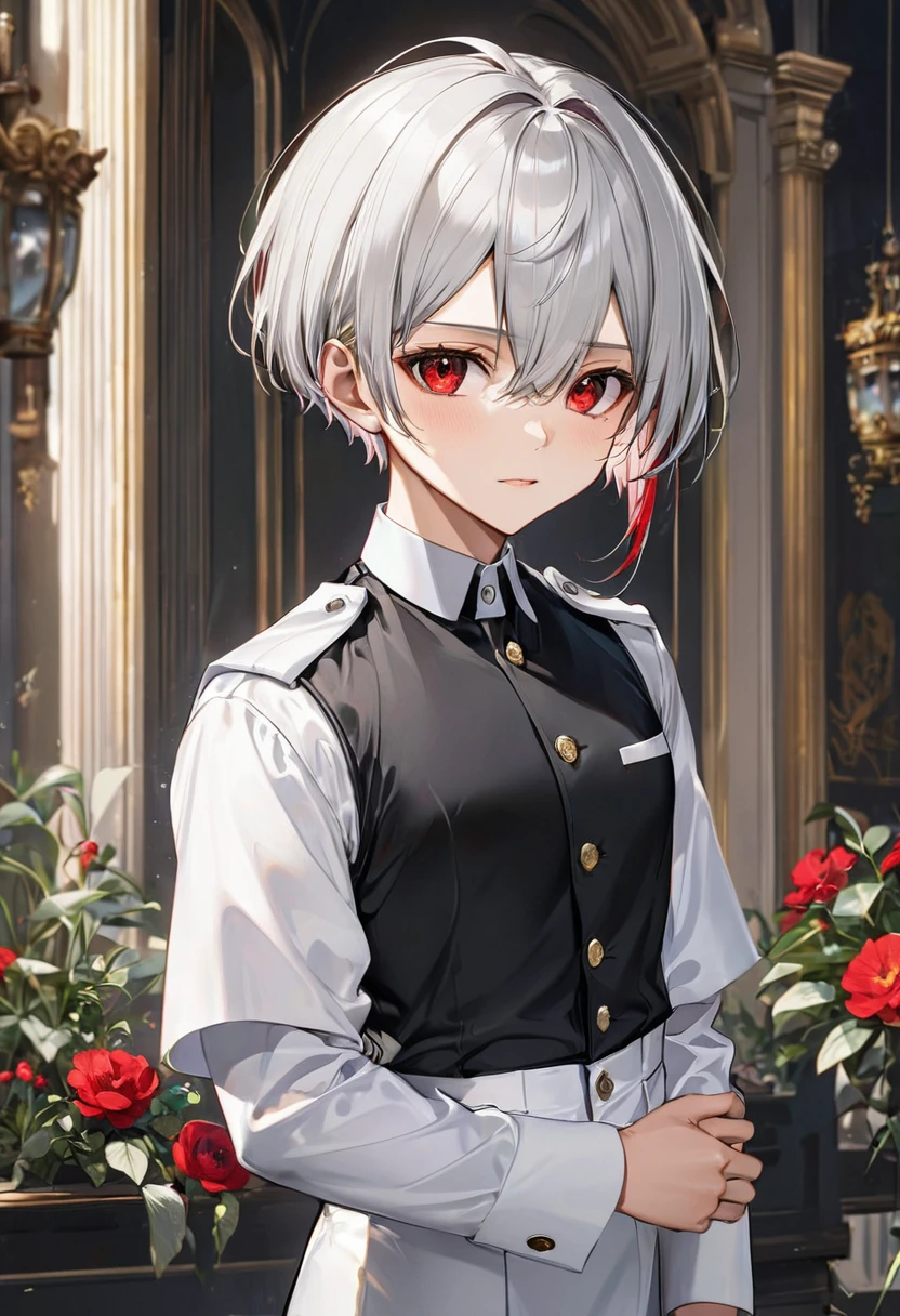 (escort style)(solo:2 yo, crew cut silver hair very short hair devine fighter boy, cool red eyes, serious face), in a butler uniform, break, in the Contest venue, BREAK, perfect anatomy, masterpiece, best quality, 16k, beautiful detailed grow, daydreaming expression.