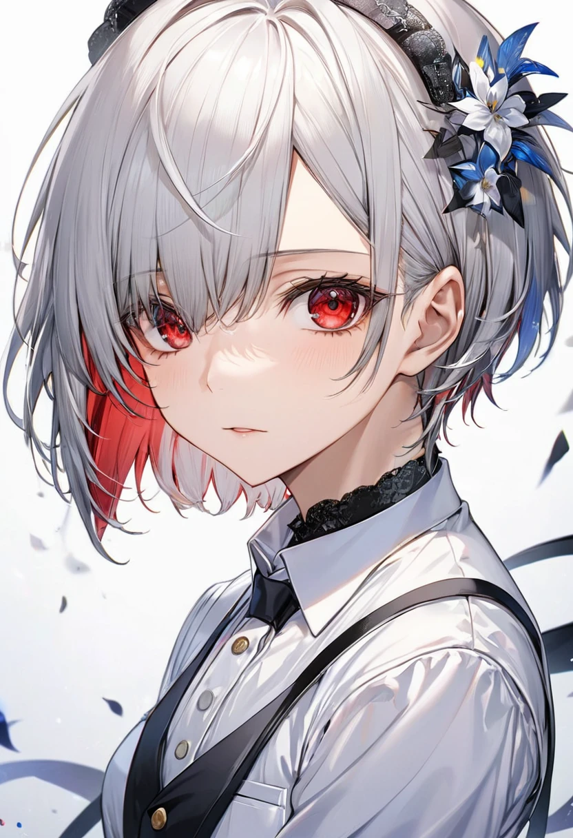 (escort style)(solo:2 yo, crew cut silver hair very short hair devine fighter boy, cool red eyes, serious face), in a butler uniform, break, in the Contest venue, BREAK, perfect anatomy, masterpiece, best quality, 16k, beautiful detailed grow, daydreaming expression.