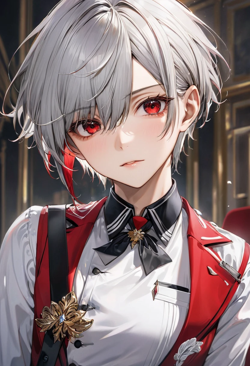 (escort style)(solo:2 16 yo, crew cut silver hair very short hair devine fighter boy, cool red eyes, serious face), in a butler uniform, break, in the Contest venue, BREAK, perfect anatomy, masterpiece, best quality, 16k, beautiful detailed grow, daydreaming expression.
