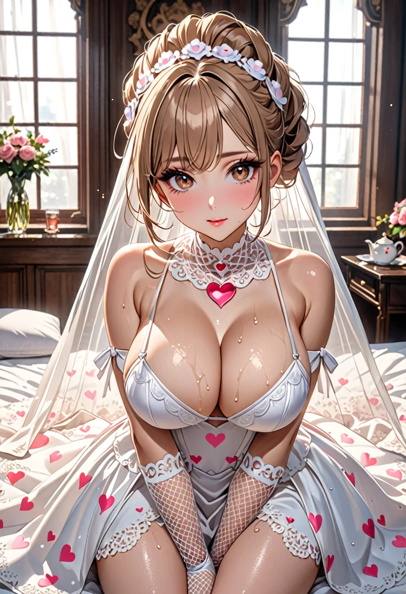 (((Highest quality, Ultra-high resolution、The most complex and detailed depiction)))、((masterpiece:1.3)), (8k, RAW Photos, Best image quality: 1.4), Very detailedな顔、Attention to detail、(Beautiful woman:1.4),(Realistic:1.4) (8k, RAW Photos,), (photo-Realistic:1.2), Very detailed, Beautiful attention to detail, (girl:1.3)、Dark eyeliner、Eyelash length、False eyelashes、double eyelid、Brown eyes、Light fluorescent lip gloss, ((hostess:1.2)),(((Bride in prom dress)))、(((pink heart print bikini、Red and white big heart pattern),(Pink tea bags)、(White wreath on head、Wedding veil、Maria veil))、Pink heart choker around the neck),(((Open wedding dress)))、(((White mesh opera gloves))),(Huge breasts:1.6),、(Cleavage:1.2)、(((Light brown hair、Braided hair、((Putting hair together at the back of the head,Hair Up)))))、Gal-style makeup、Dark eyeliner、black eyeliner、Heavy eye makeup、Eyelash length、False eyelashes、Eyelash length、Big eyes、Big black eyes、Big eyes、elongated nose、Heavy makeup、Face with gills、Spread your legs and face forward.、(((whole body)))、Spread your legs座る、Spread your legs、sexy、Glamorous Body、(Saggy breasts、Large saggy breasts)、((Sweat、Your body is wet))、(((Lie face up on the bed)),(Breastfeeding with your arms、Cover your crotch with your hands)