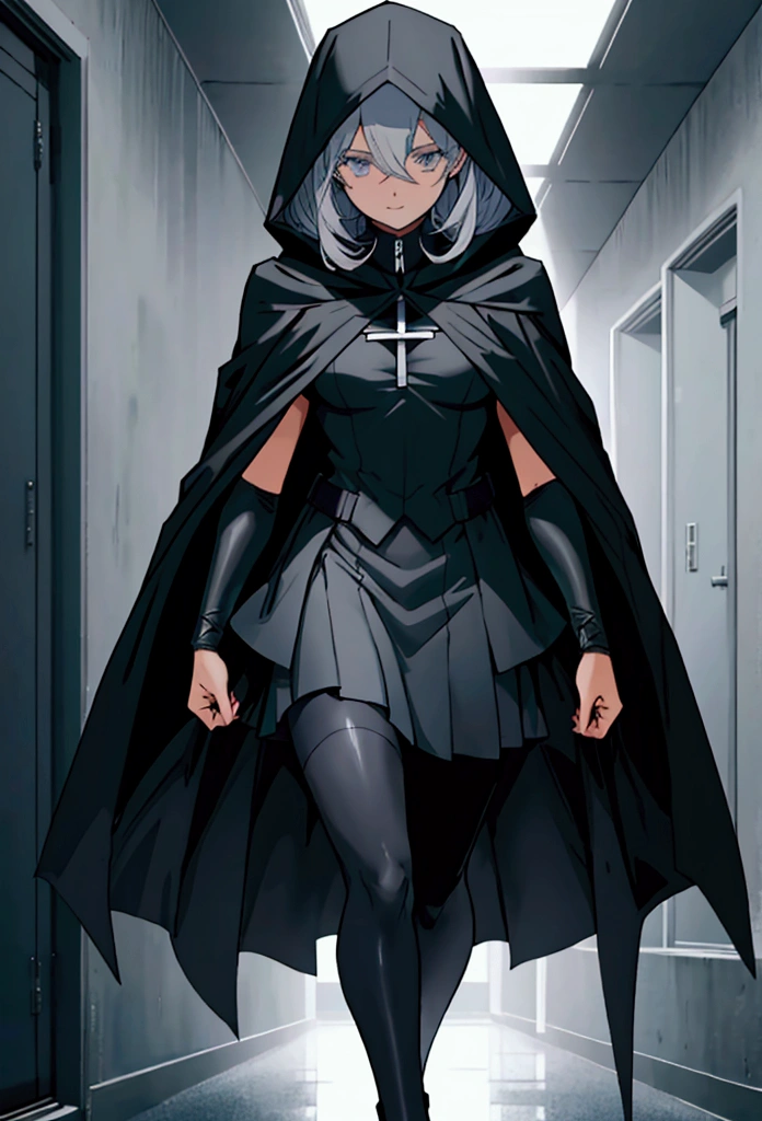 a black cape with a hood without details and does not reveal what is underneath anime style in the hallway of a very very dark school ( only the layer that does not show what I left there )