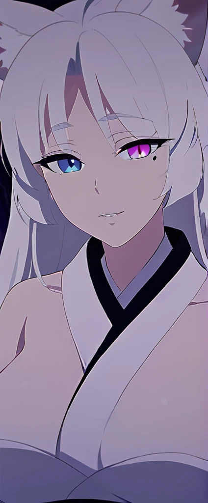 beautiful white neko, long white neko ears, white neko tail, anime style, purple eye, blue eye, big breasts, extremely detailed eyes and face, Wearing white and black open shoulder kimono, white long hair, heterochromia, wide waist, mature woman, black small beauty mark under right eye