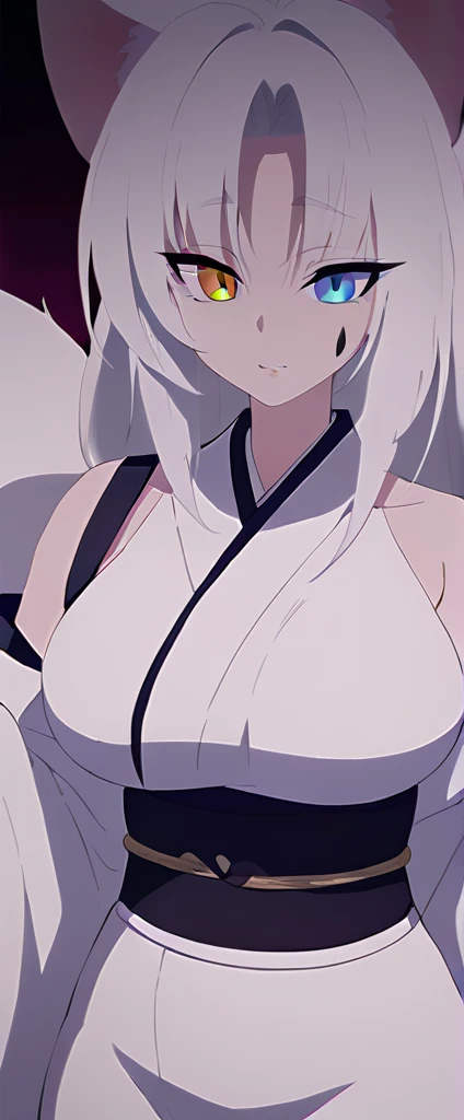 beautiful white neko, long white neko ears, white neko tail, anime style, purple eye, blue eye, big breasts, extremely detailed eyes and face, Wearing white and black open shoulder kimono, white long hair, heterochromia, wide waist, mature woman, black small beauty mark under right eye