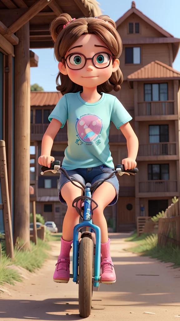 Two girls, children, full length, are riding bicycles on the dirt streets of a coastal city. The person driving the bike is a 9-year-old girl, with brown hair tied in a ponytail, wearing a colorful dress. On the back of the bike is an 8-year-old girl, with green eyes, wearing pink glasses, denim shorts and a colorful t-shirt. She is standing on the back of the bike.