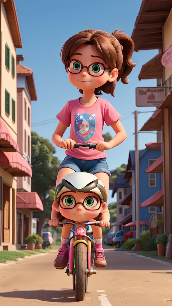 Two girls, children, full length, are riding bicycles on the dirt streets of a coastal city. The person driving the bike is a 9-year-old girl, with brown hair tied in a ponytail, wearing a colorful dress. On the back of the bike is an 8-year-old girl, with green eyes, wearing pink glasses, denim shorts and a colorful t-shirt. She is standing on the back of the bike.