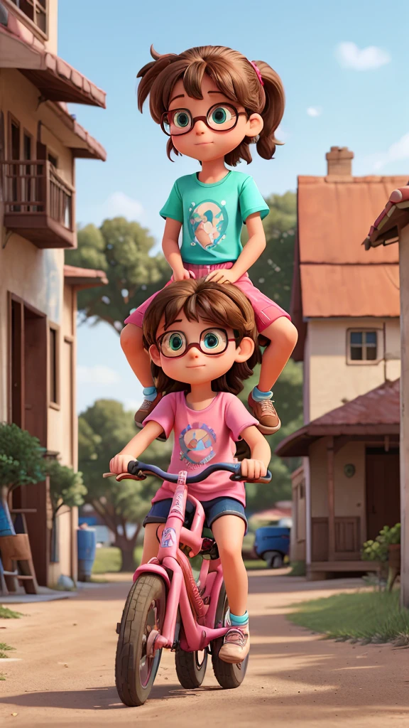 Two girls, children, full length, are riding bicycles on the dirt streets of a coastal city. The person driving the bike is a 9-year-old girl, with brown hair tied in a ponytail, wearing a colorful dress. On the back of the bike is an 8-year-old girl, with green eyes, wearing pink glasses, denim shorts and a colorful t-shirt. She is standing on the back of the bike.
