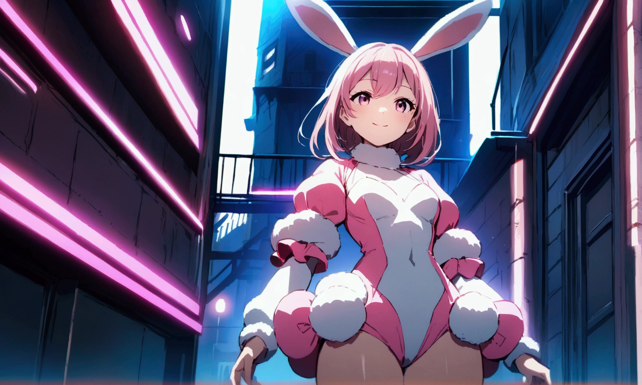"An anime girl with a light smile, wearing a hyper-detailed white rabbit outfit with pink accents and rabbit ears, standing confidently in a dark urban setting with vibrant colors and cinematic lighting."
